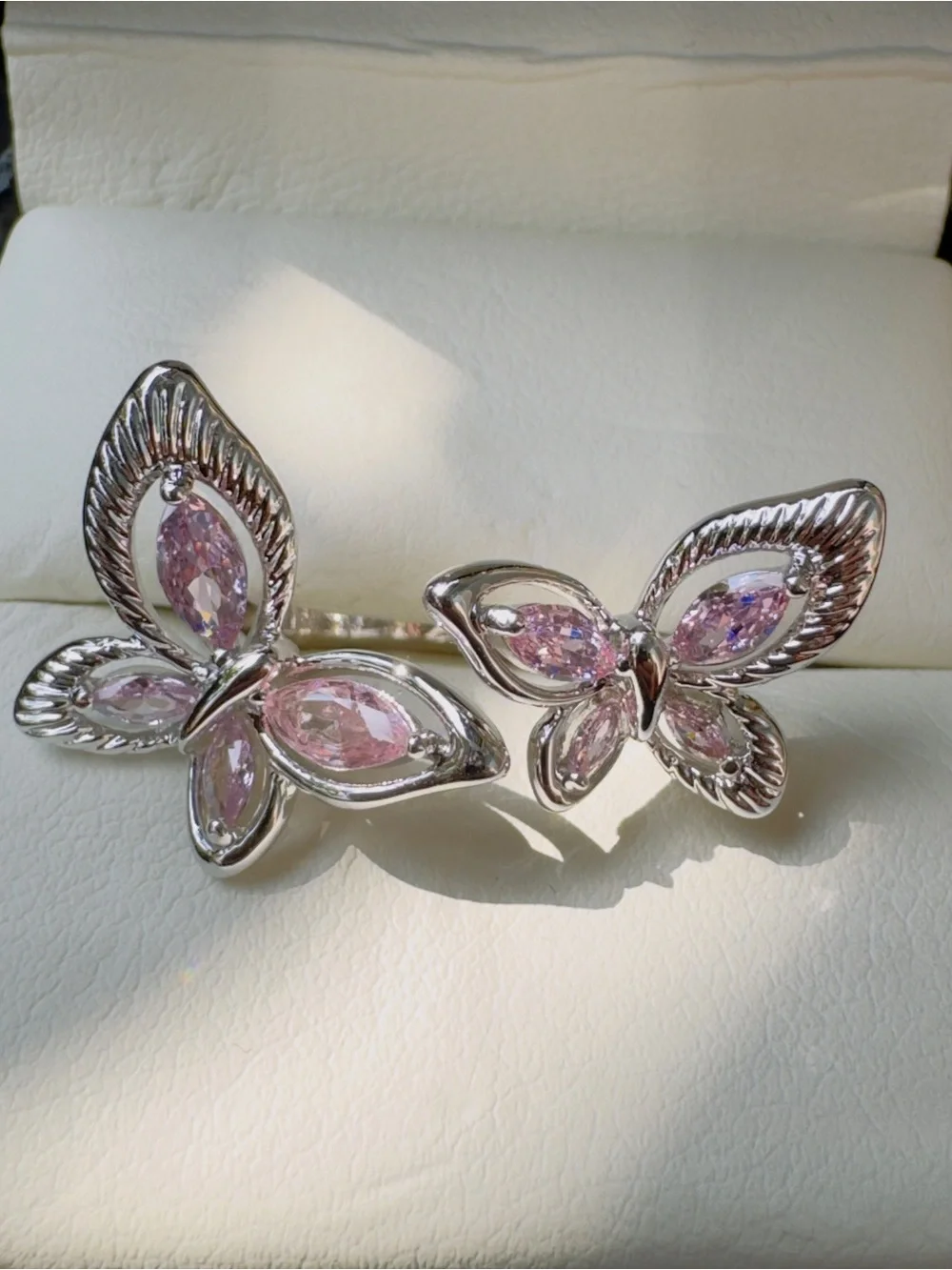 Silver Tone Pink Butterfly Ring - Elegant Women’s Jewelry